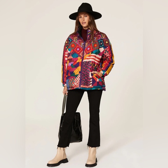 FARM Rio Reversible Patchwork Puffer Jacket with Crochet - Picture 2 of 10